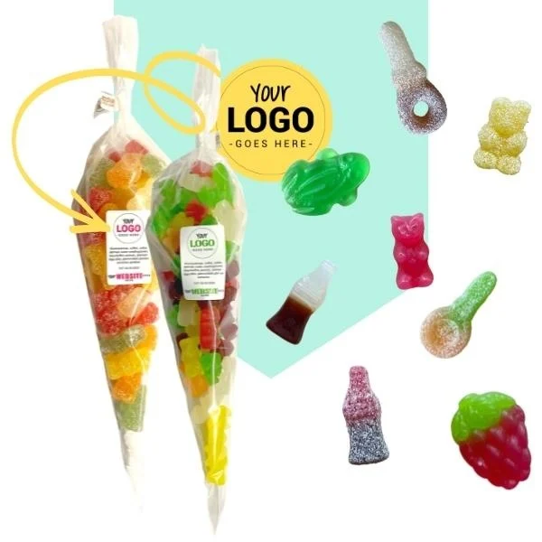 Bedrukte snoepzakjes met logo & 1 snoepsoort als inhoud 