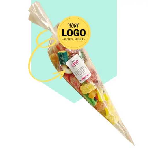 Een bedrukt puntzakje met gemengde mix met jouw eigen logo